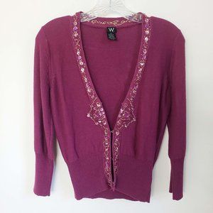 W Women's Plum Knit Sequined V Neck Ribbed Hook Closure Top Cardigan Sweater